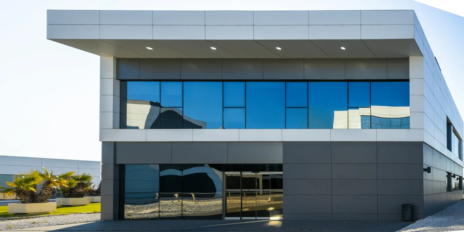 Modern commercial building with expansive glass windows